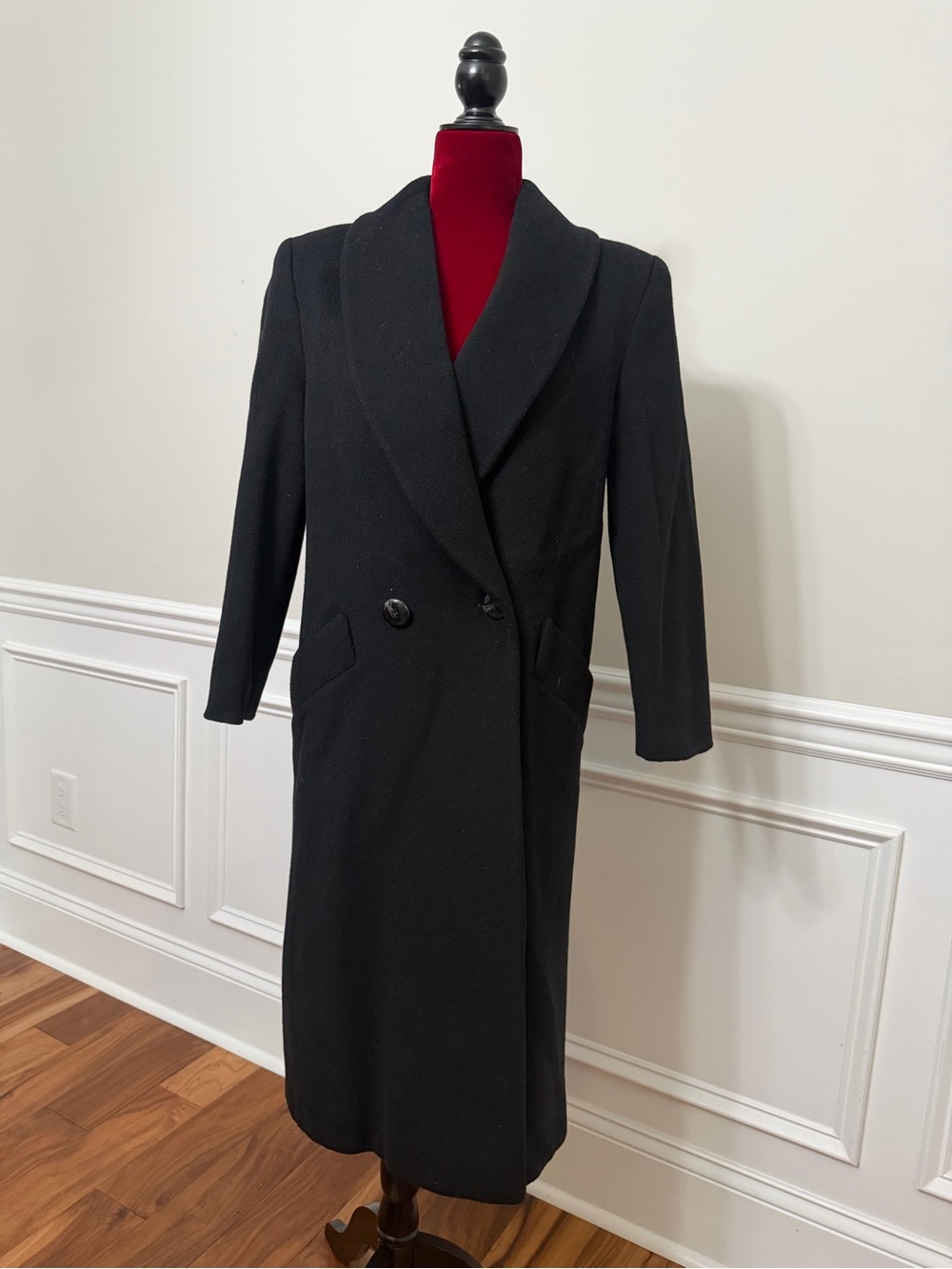 Vintage Karen‎ Petites Wool Cashmere Long Overcoat Black ILGWU Made in USA